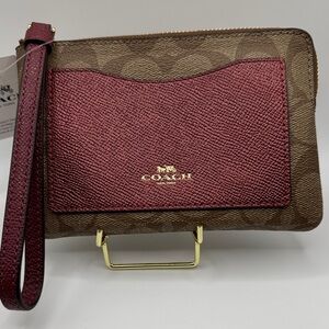 COACH Khaki & Metallic Cherry Corner Zip Wristlet Wallet Card Holder NWT